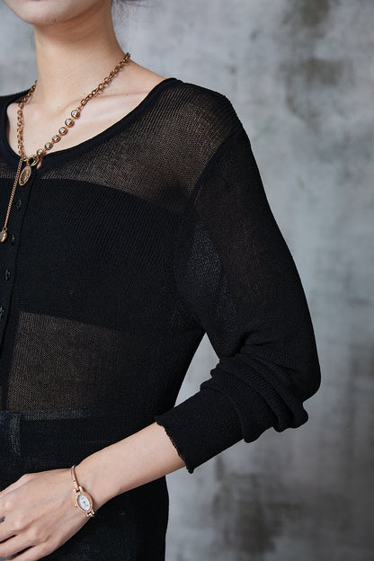 Style Black O-neck Side Open Knit Long Shirt Fall