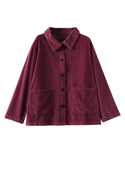 Red Loose Pockets Shirt Top Long Sleeve Corduroy Coat