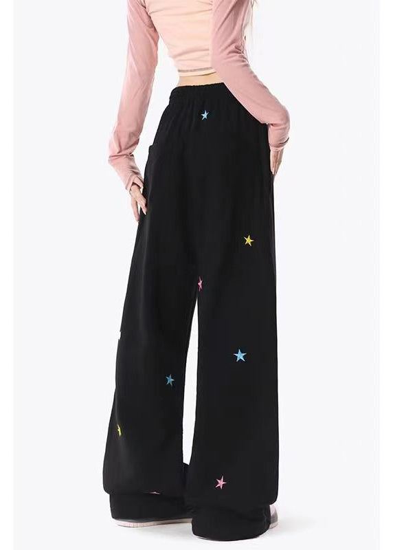 Black Pockets Tiny Spot Print Drawstring Cotton Wide Leg Pants Spring