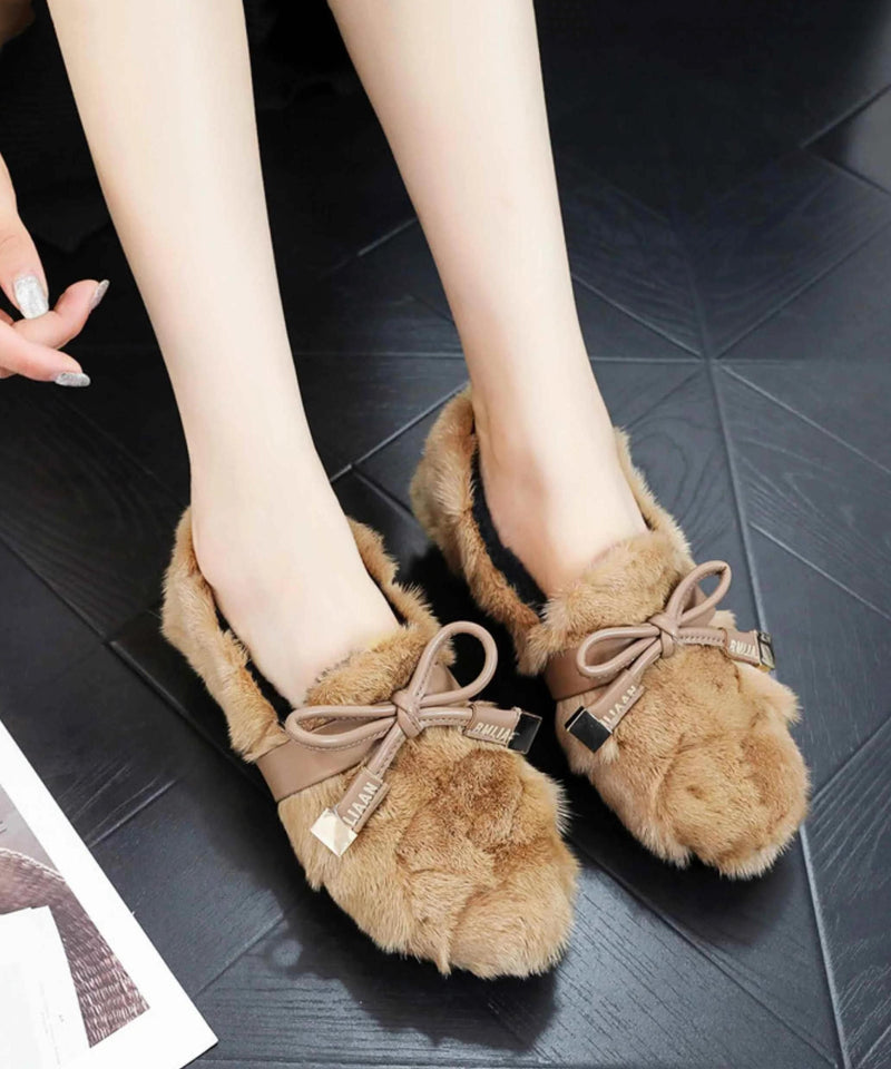 Khaki Mink Hair Splicing Penny Loafers Fuzzy Wool Lined