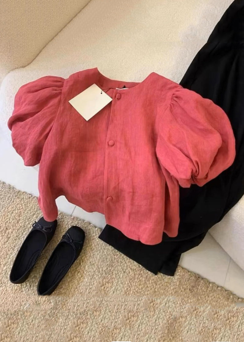 Simple Red Button O-neck Patchwork Cotton Shirts Puff Sleeve