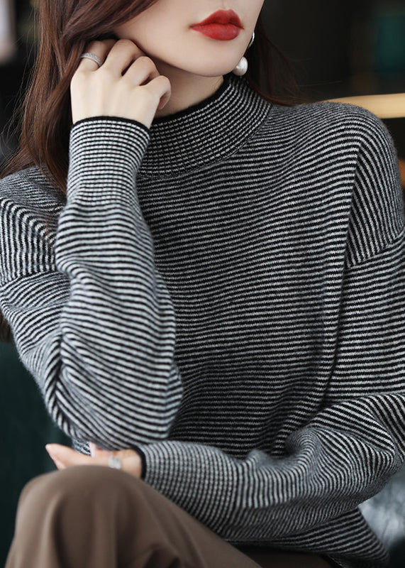 Black Turtleneck Striped Patchwork Woolen Knit Top Long Sleeve