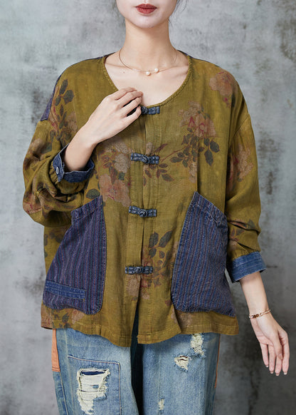 Grass Green Chinese Button Patchwork Linen Top Spring