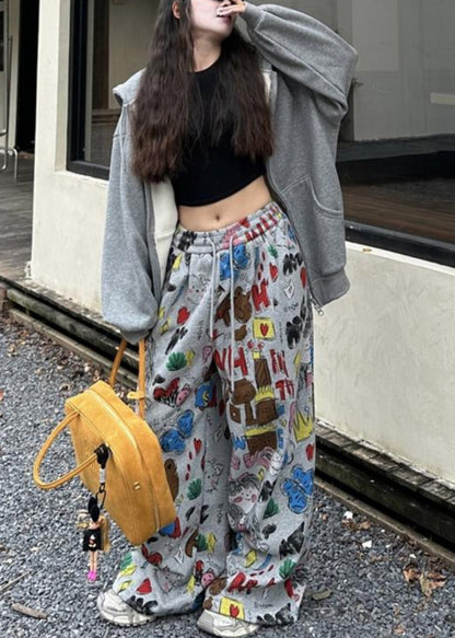 Grey Oversized Print Cotton Wide Leg Pants Spring