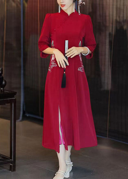 Italian Red Embroideried Button Side Open Silk Long Dresses Fall