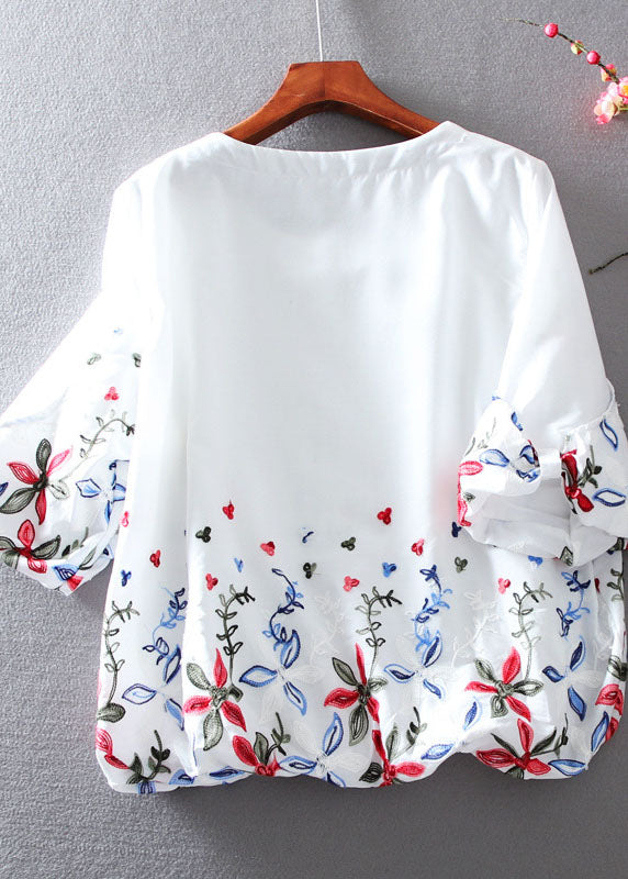 White O-neck Embroideried Chiffon Tops Lantern Sleeve