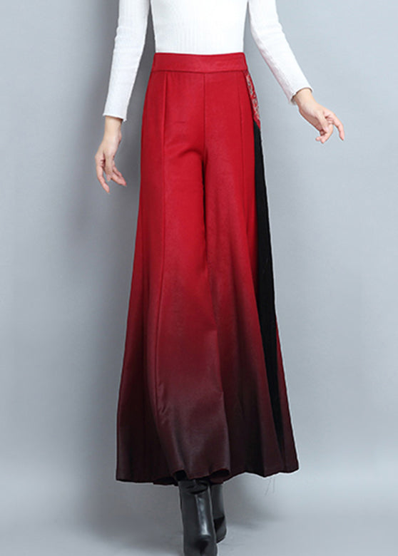 Red Embroidered High Waist Cotton Wide Leg Pants