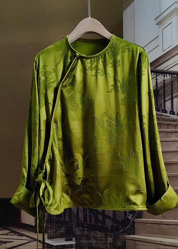 Modern Green O-neck Jacquard Patchwork Silk Tops Spring