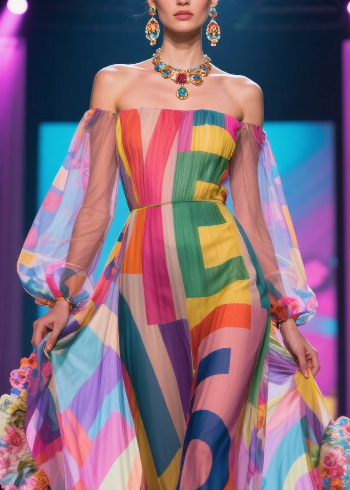 Pink Print Patchwork Ruffled Chiffon Strapless Dress Summer