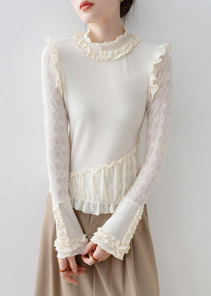 Beige Ruffled Jacquard Lace Blouses Spring