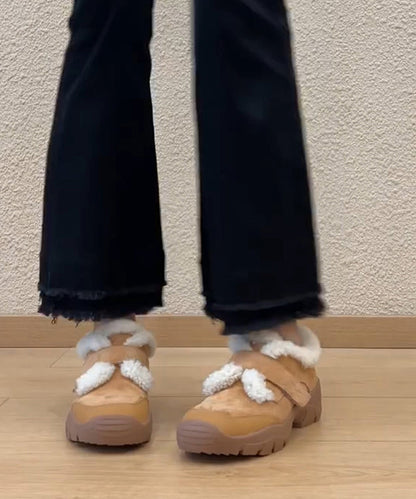 Splicing Platform Loafers Camel Suede Fuzzy Wool Lined