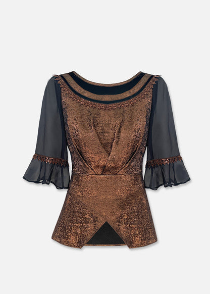 French Style New Coffee Asymmetrical Patchwork Chiffon Top Summer
