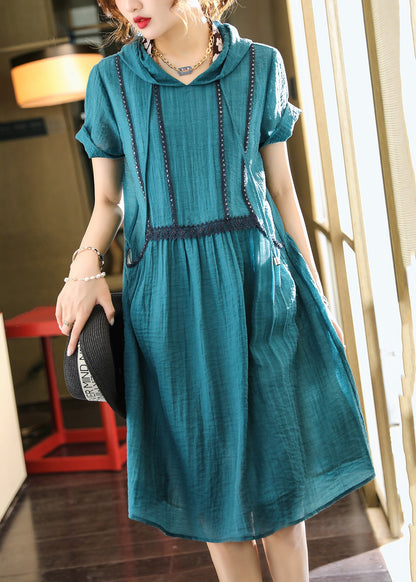 Lake Blue Hooded Pockets Patchwork Cotton Dress Summer