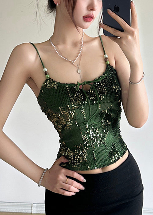 Green Lace Up Sequins Spaghetti Strap Tank Sleeveless
