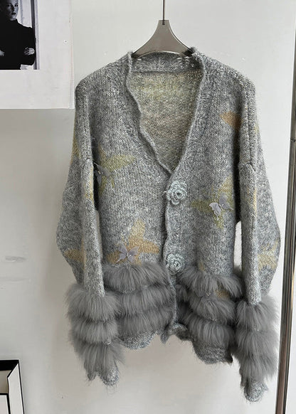 Modern Light Grey V Neck Fur Cotton Knit Cardigans Spring