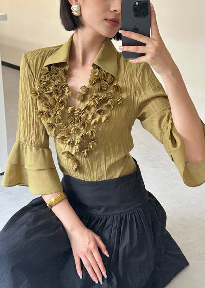 Yellow Peter Pan Collar Wrinkled Cotton Shirts Bracelet Sleeve