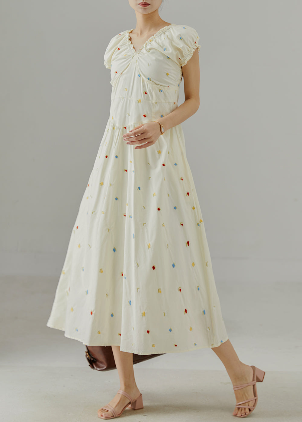 White Embroidered Wrinkled Cotton Maxi Dress Summer
