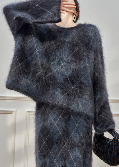 Plaid O Neck Cweaters and Skirts Ma Hai Mao Two Pieces Set Winter