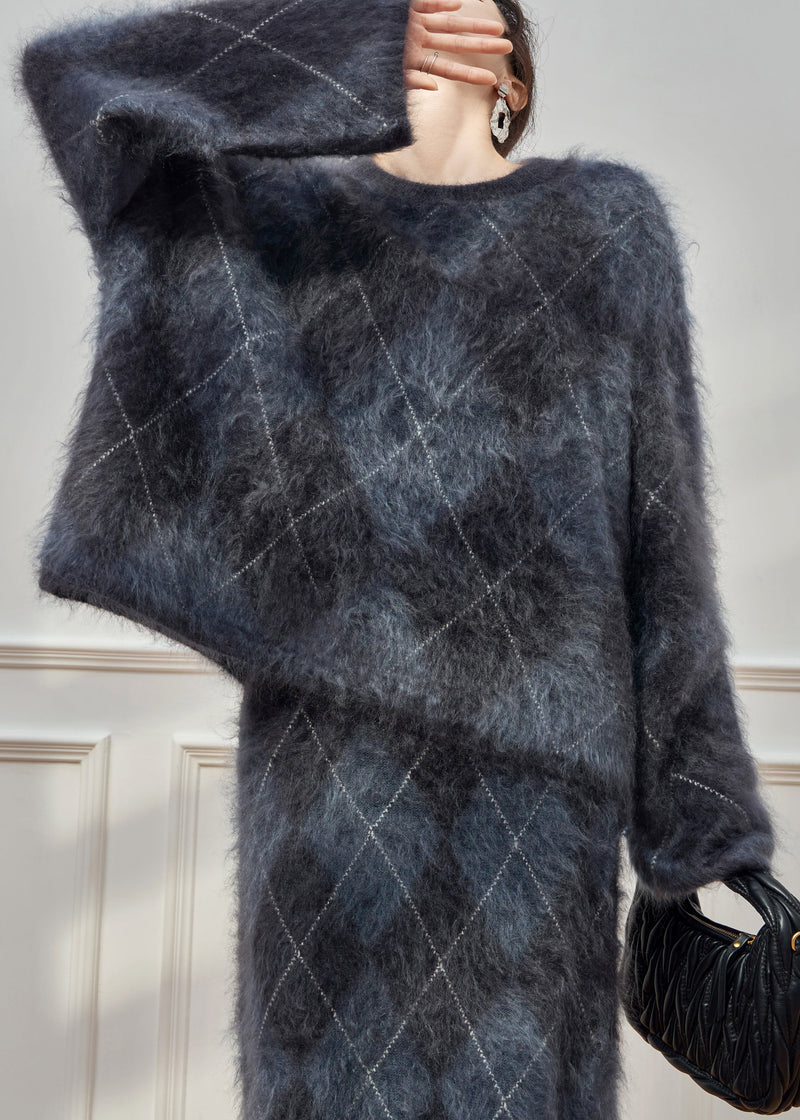 Plaid O Neck Cweaters and Skirts Ma Hai Mao Two Pieces Set Winter