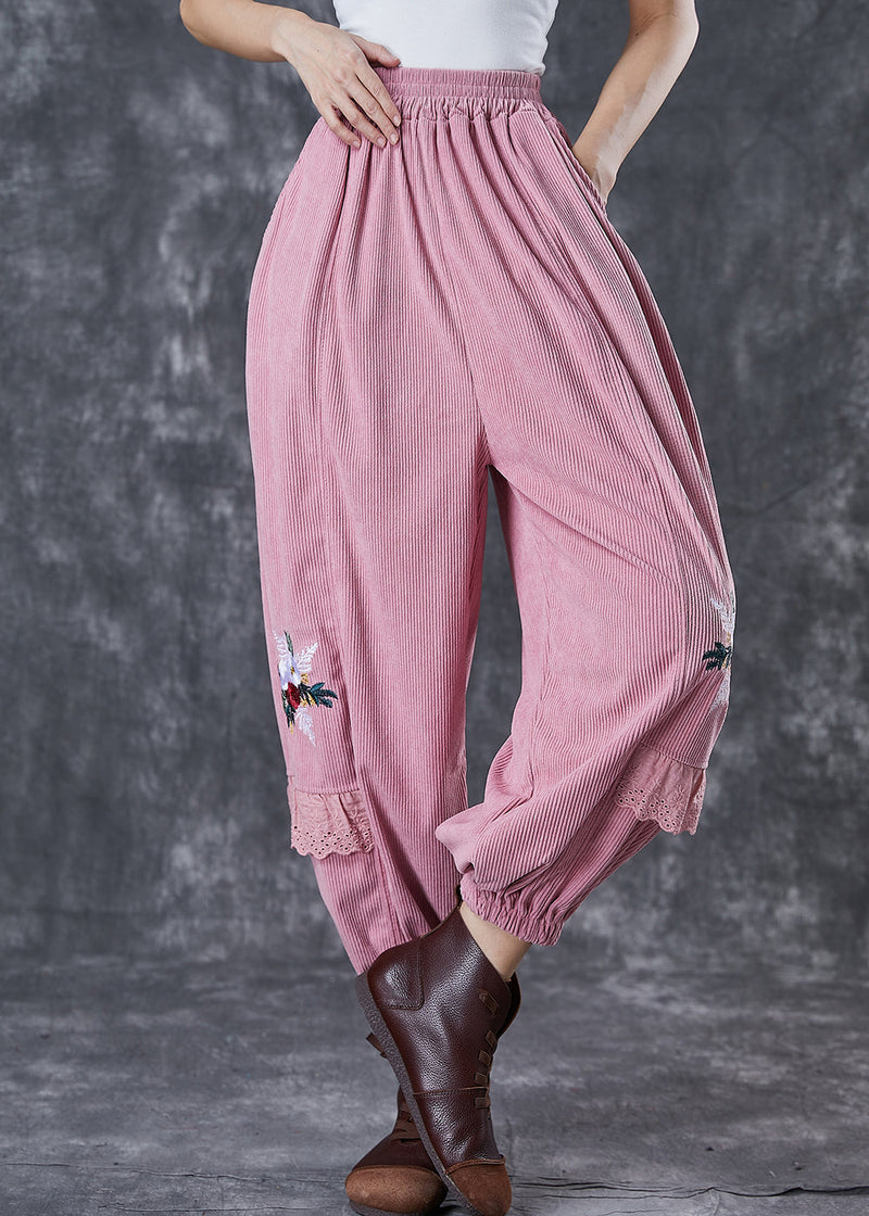 Pink Patchwork Corduroy Harem Pants Embroideried Fall
