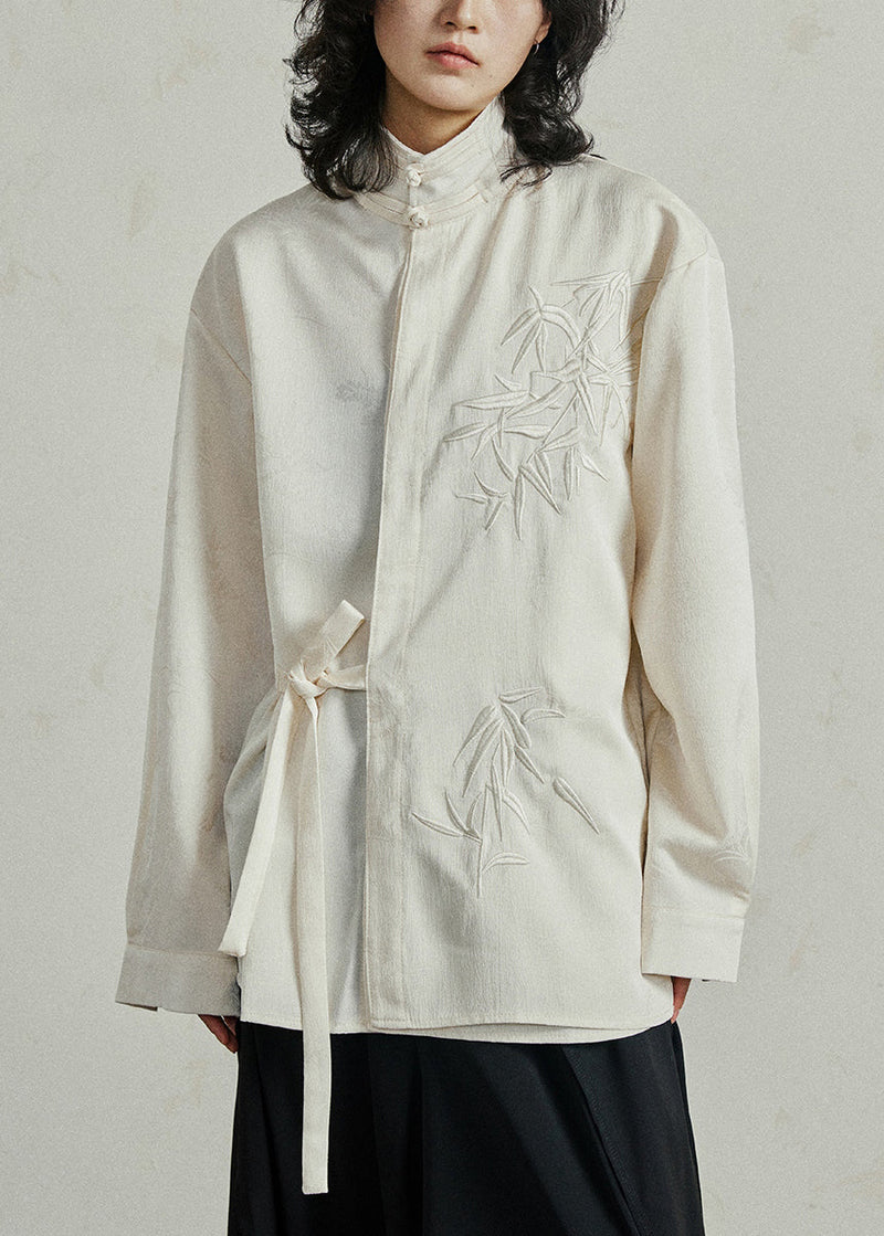 Chinese Style Beige Stand Collar Button Shirt Fall