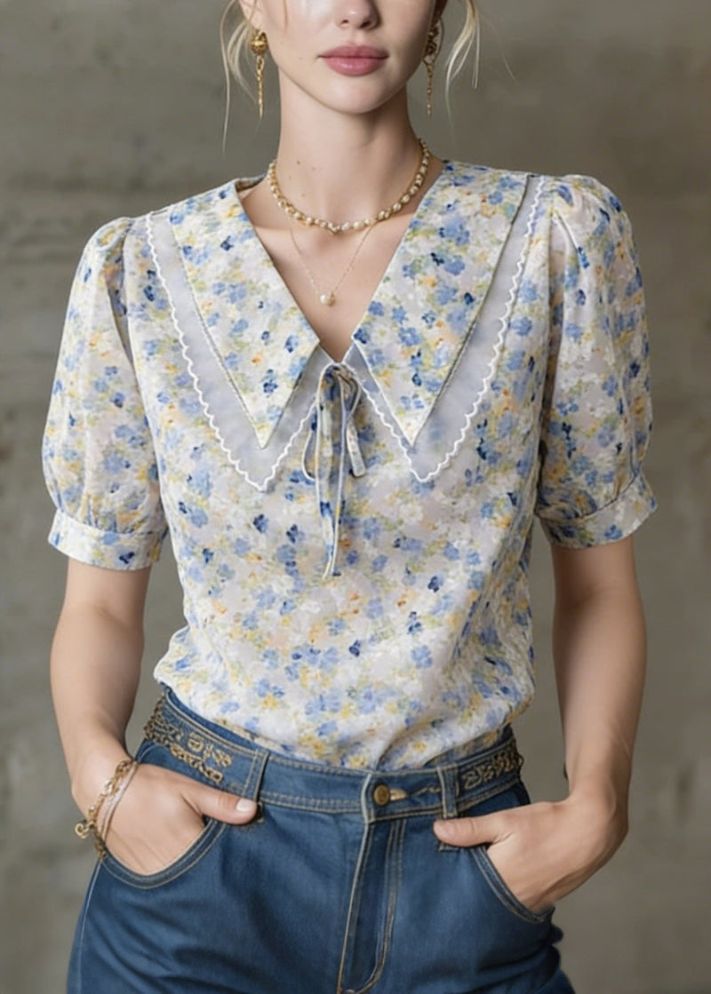 Peter Pan Collar Puff Sleeve Print Tops Summer