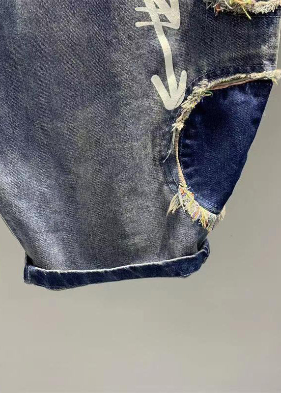 Diy Blue Pockets Patch Elastic Waist Denim Pants Summer