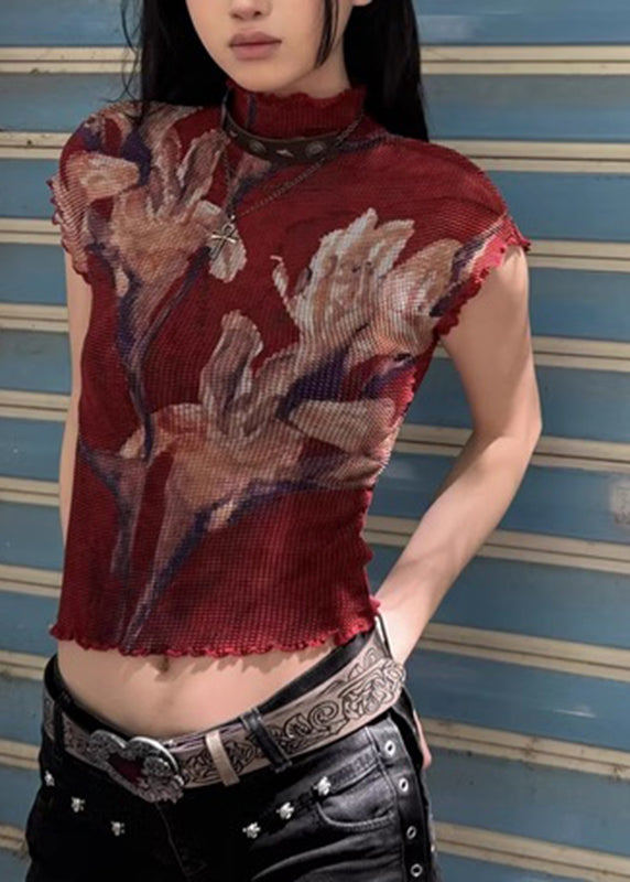 Red Turtleneck Ruffled Print T Shirt Short Sleeve