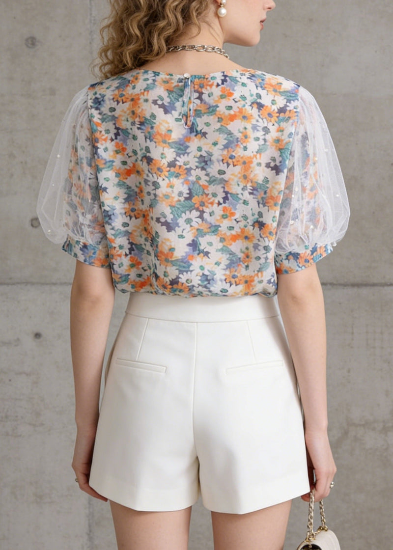 O-neck Tulle Puff Sleeve Print Chiffon Top Summer