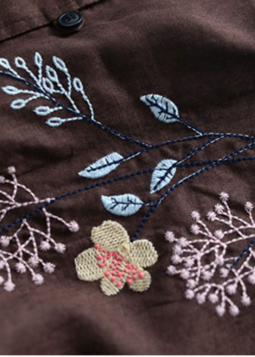 Chocolate O-neck Embroideried Patchwork Linen Shirt Tops Long Sleeve