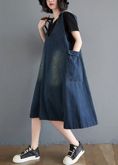 Modern Blue Hoodedpockets Patchwork Denim Waistcoat Long Dress Sleeveless