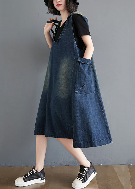 Modern Blue Hoodedpockets Patchwork Denim Waistcoat Long Dress Sleeveless