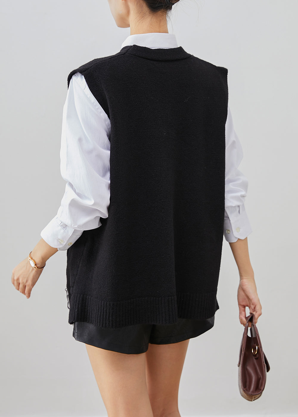Black Applique Thick Knit Vest Tops Fall