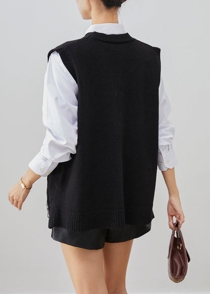 Black Applique Thick Knit Vest Tops Fall