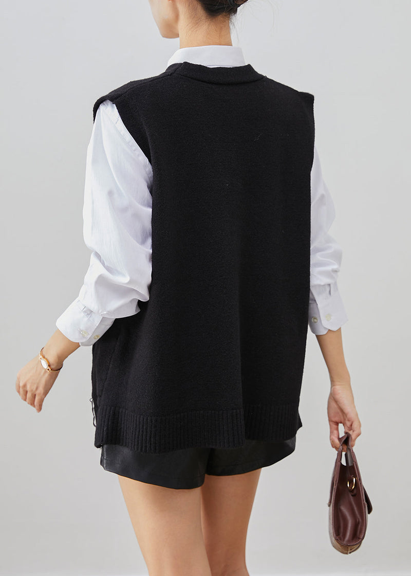 Black Applique Thick Knit Vest Tops Fall