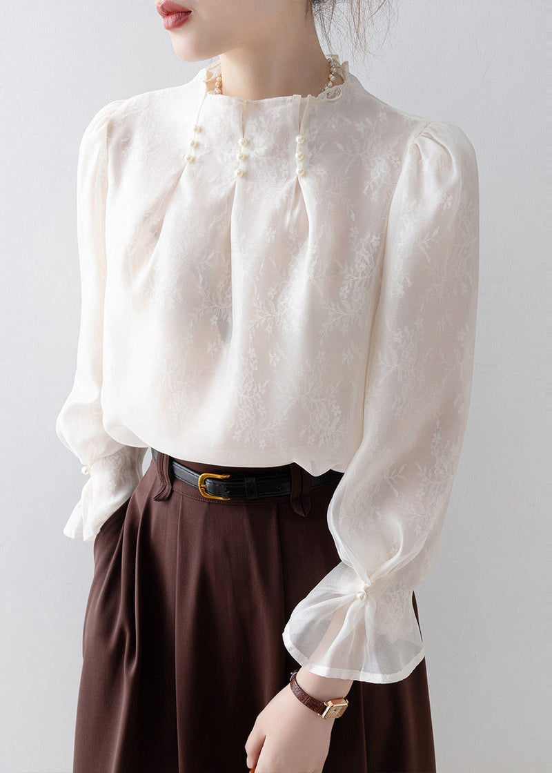 Fitted White Jacquard Nail Bead Chiffon Top Spring
