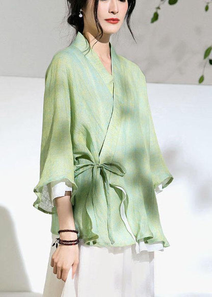 Green V Neck Butterfly Sleeve Tie Waist Summer Linen Tops