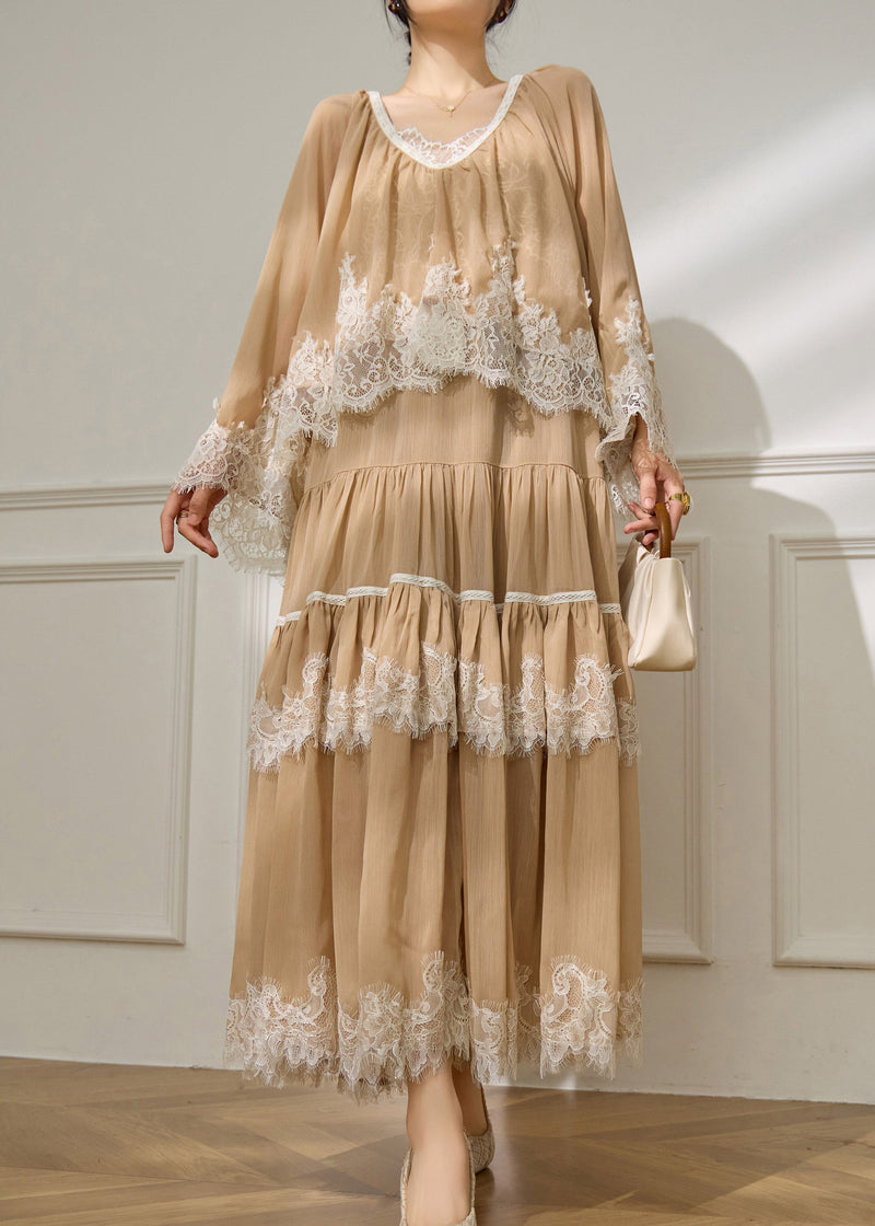 French Apricot Lace Patchwork Top and Maxi Skirts Two Pieces Set Flare Sleeve
