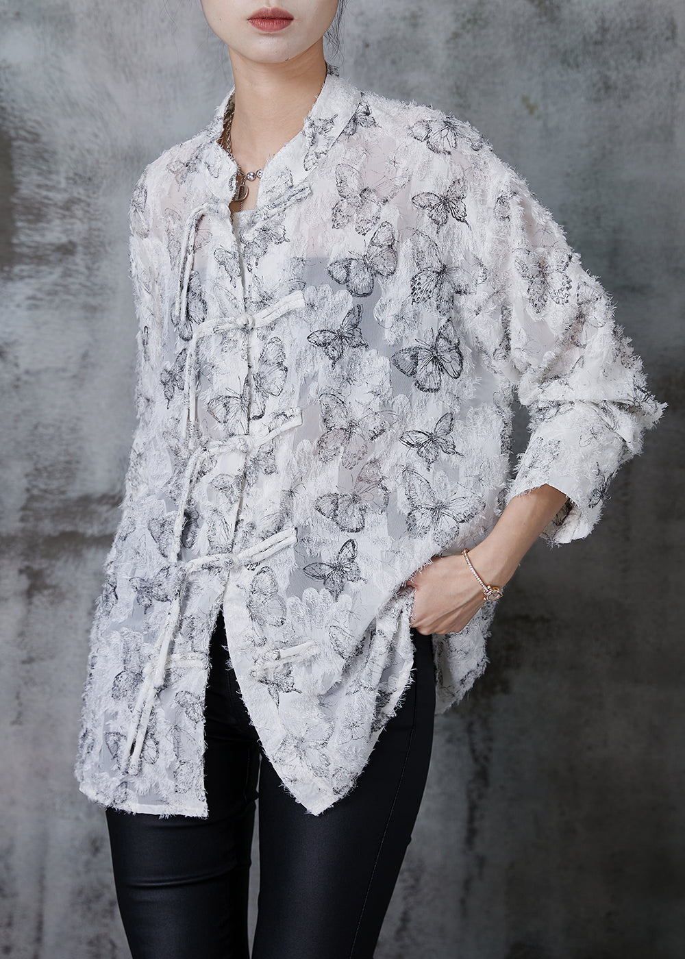 White Tasseled Butterfly Chiffon Shirt Fall