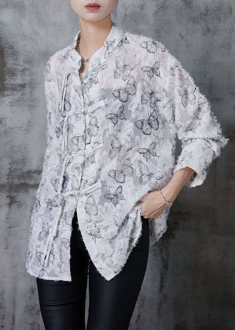 White Tasseled Butterfly Chiffon Shirt Fall