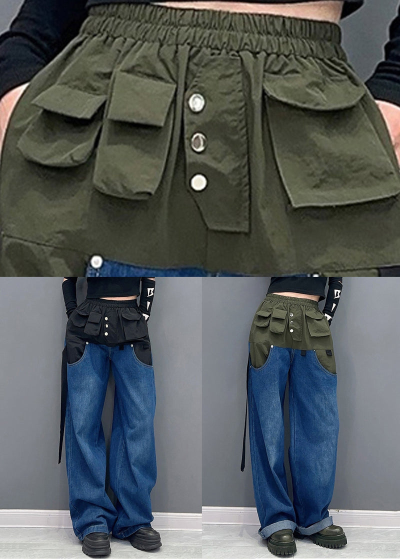 Black Pockets Patchwork Denim Pants High Waist