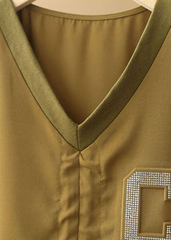 Khaki V Neck Drawstring Letter Blouse Tops Short Sleeve