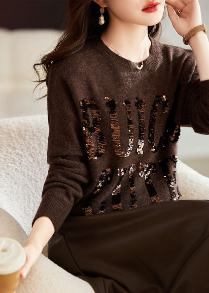 Natural Chocolate O-neck Sequins Cozy Cotton Knit Sweaters Long Sleeve