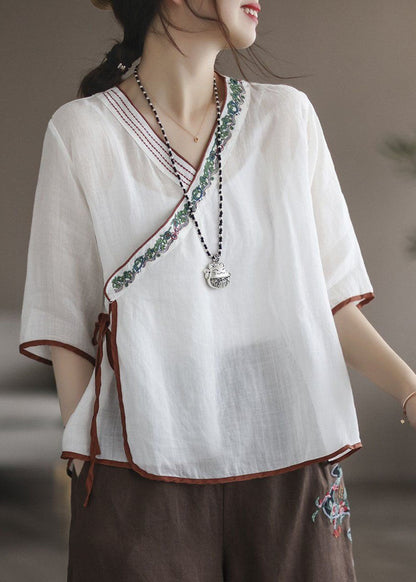 Modern White Embroideried Patchwork Linen Blouse Top Summer