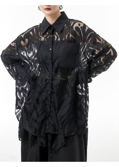 Simple Black Button Peter Pan Collar Patchwork Lace Shirts Spring