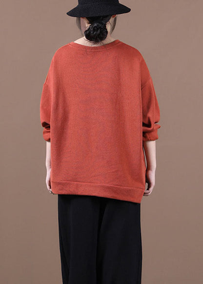 Brick Red O-neck Embroideried Loose Fall Sweatshirt