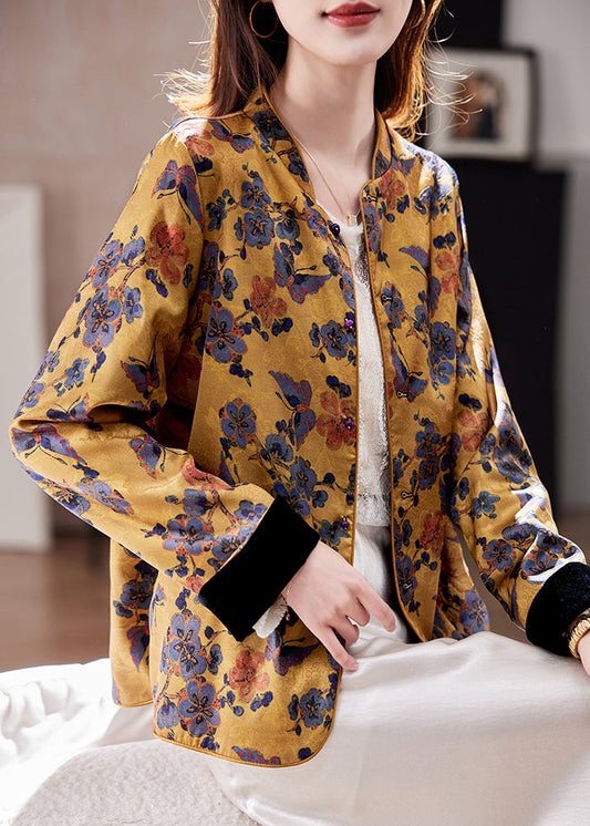 Chinese Style Yellow Stand Collar Jacquard Silk Coats Spring