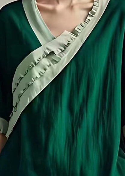 Peacock Green Ruffled Patchwork Linen Blouses Summer