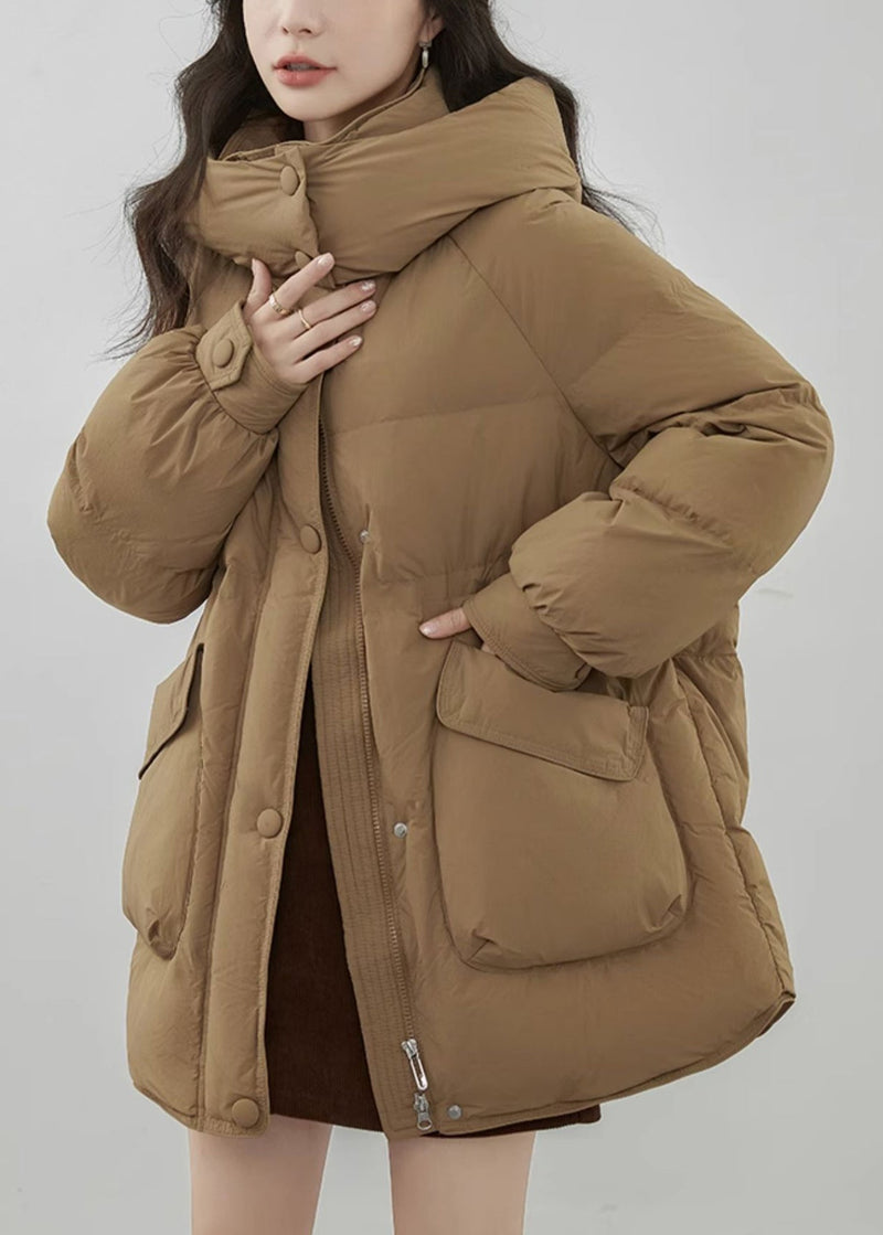 Khaki Hooded Zip Up Pockets Duck Down Coats Winter