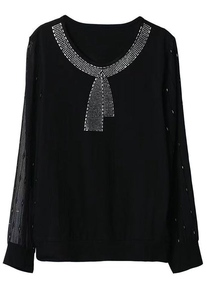 New Black O Neck Zircon Tulle Patchwork Top Long Sleeve